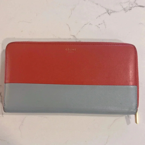 CELINE | Round Zipper Long Wallet | Lambskin | Ladies Salmon Pink x Grey | EUC - Picture 1 of 14